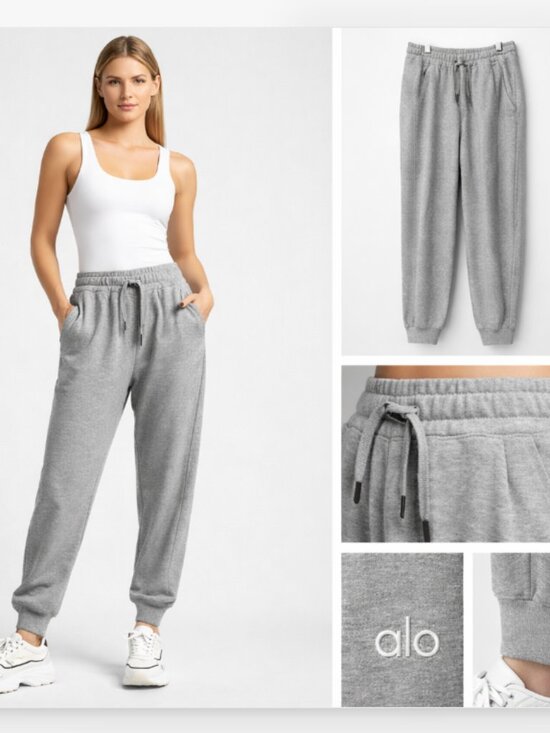 ALO Yoga Pants - Gray Jogger Sweatpants Women Size L Athletic Lounge Minimal Logo